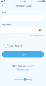 Technician Login Screen / App Screenshot Screenshot of App Screen showing Technicians log in button